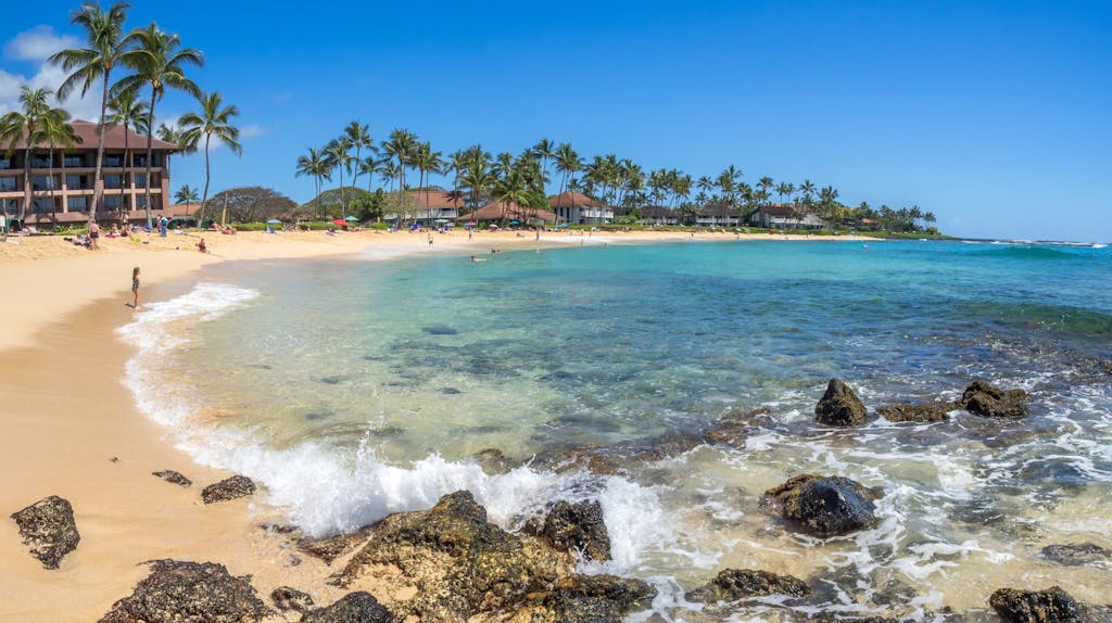 View of famous Poipu beach on Kauai island in Hawaii.
